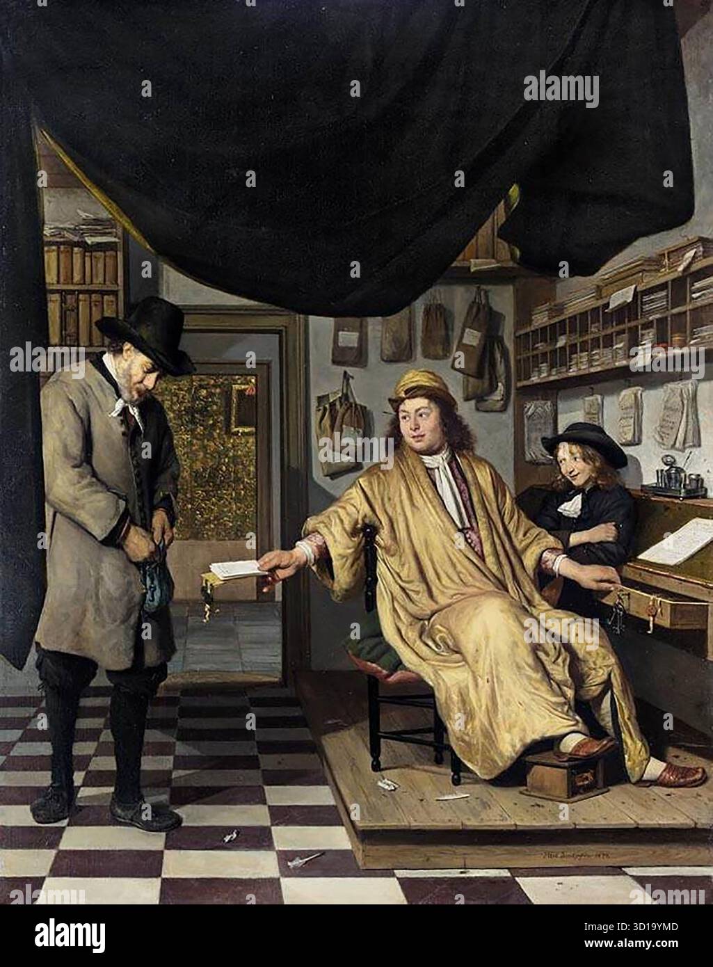 Berckheyde, Job Adriaensz (né en 1630, Haarlem, décédé en 1693, Haarlem) notaire dans son bureau 1672 huile sur toile, 79 x 62 cm Collection privée Job Berckheyde est surtout connu pour ses vues sur la ville, bien qu'il ait également peint des intérieurs d'église, des paysages et des images de genre. Il s'est également spécialisé dans la représentation de personnes dans le cadre de leur métier. Cette image de genre, représentant un notaire dans son bureau qui remet des actes à un homme avec un jeune regardant, est de caractère nettement théâtral. Le notaire dode et couronné de succès remet des actes à un client fougueux dont la gauchesse ainsi que sa robe le distinguent comme socialement moi Banque D'Images