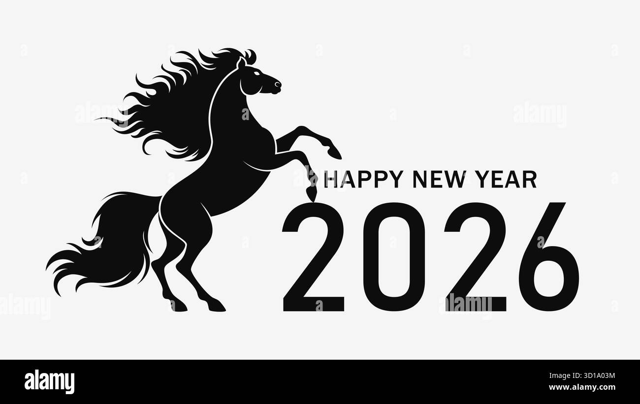 Bonne année 2026 Horse Silhouette icône. Illustration en noir et blanc Illustration de Vecteur