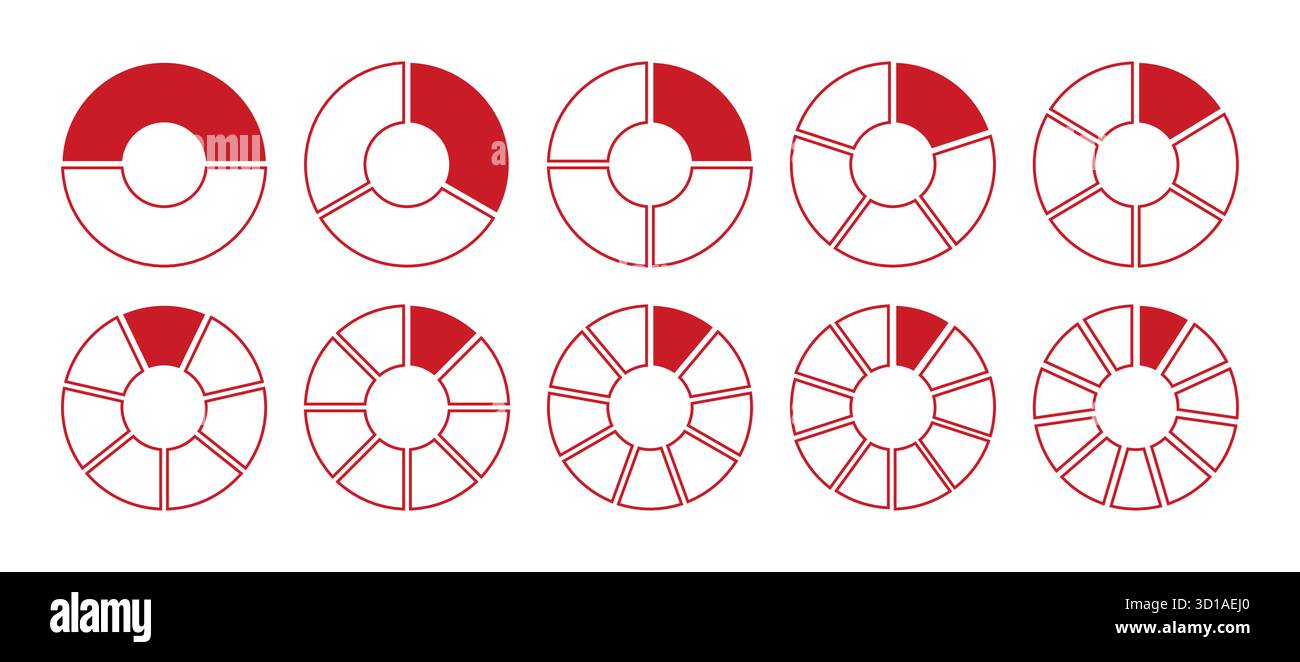 Graphique en forme de graphique, graphiques de section en forme de pizza. Diagramme rouge cercles divisé 2, 3, 10, 7, 8, 9, 10, 11 parts égales. Modèle vierge de coaching. Jeu de Illustration de Vecteur