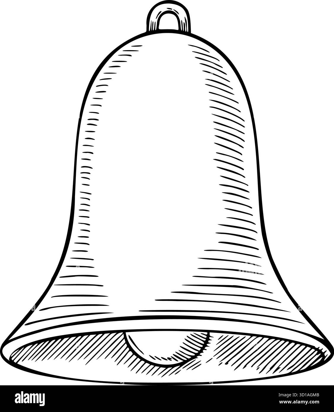 Illustration vectorielle d'une cloche en métal pour les cartes de voeux de vacances vintage ou les invitations de Noël rétro. Gravure de l'objet sonore classique peint par des encres noires sur fond isolé pour la conception de parti. Illustration de Vecteur