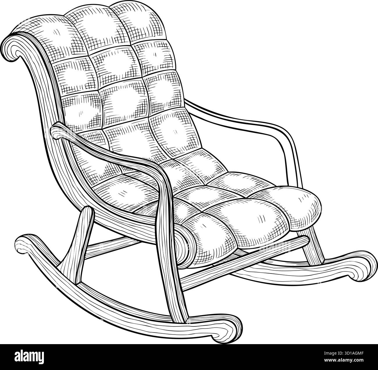 Illustration vectorielle d'un fauteuil à bascule rembourré dans le style de gravure. Dessin de meubles de maison pour des designs d'intérieur vintage. Contour art peint par des encres noires sur fond isolé. Illustration de Vecteur