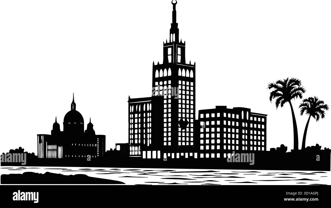 Silhouette urbaine en noir et blanc haute résolution avec détails architecturaux et subtils accents de couleurs Illustration de Vecteur