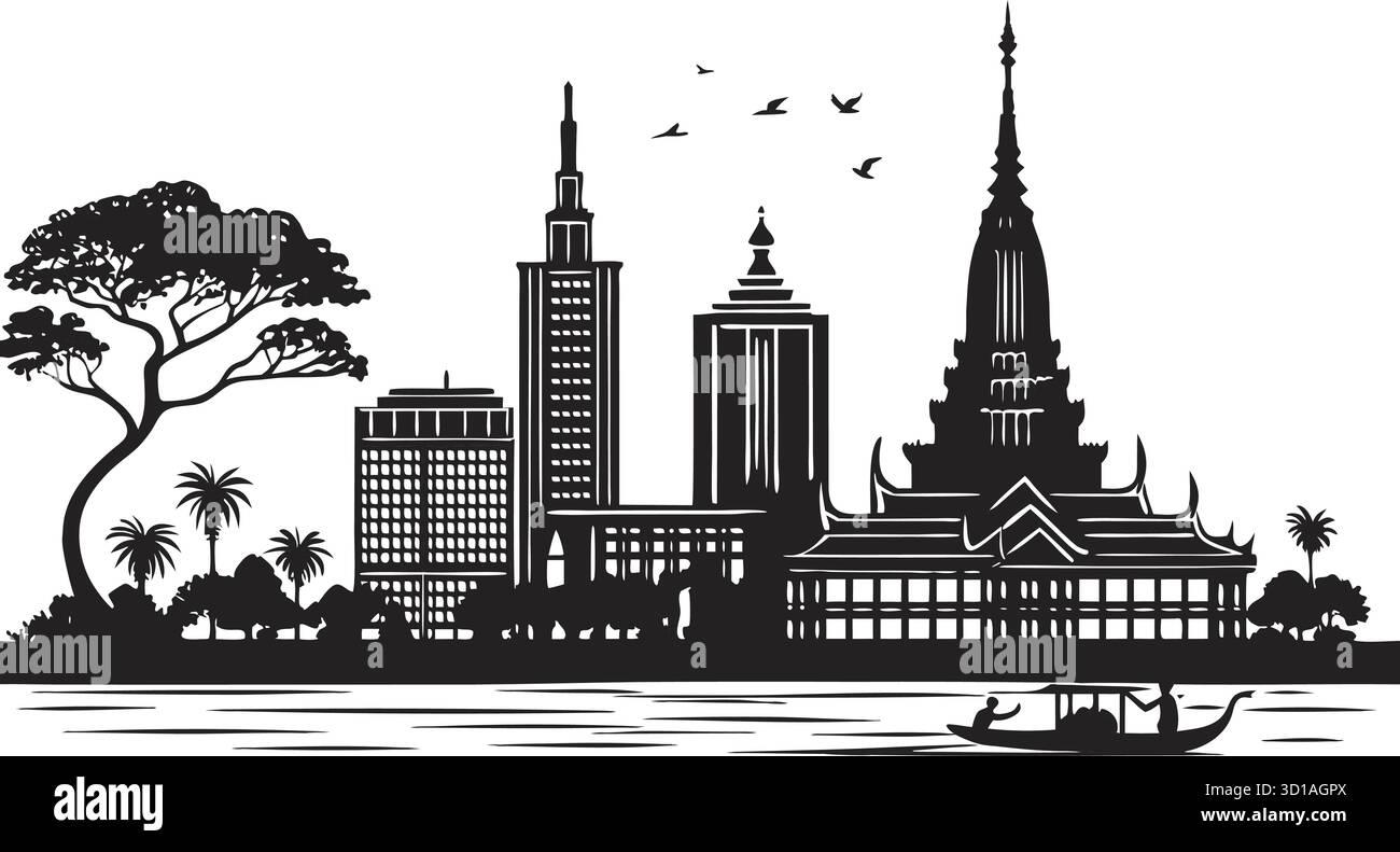 Conception vectorielle de silhouette de ville en noir et blanc haute résolution pour les projets graphiques Illustration de Vecteur