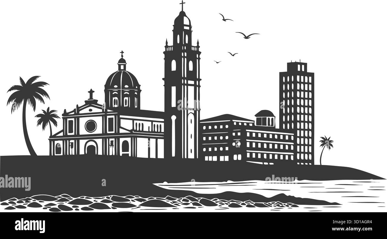 Conception de silhouette urbaine en noir et blanc haute résolution avec détails architecturaux et éléments de paysage urbain Illustration de Vecteur