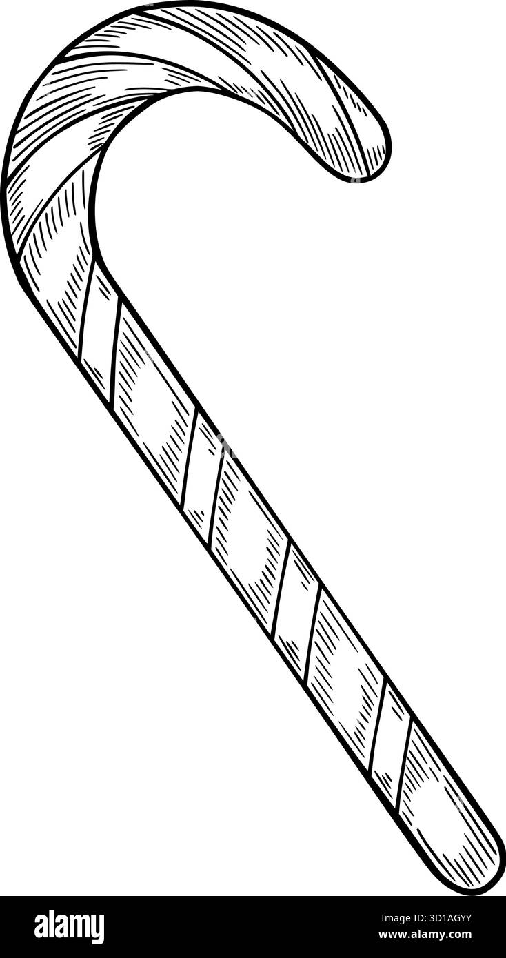 Illustration vectorielle gravée d'une canne rayée Candy dans un style vintage. Dessin de Lollipop pour les cartes de voeux de Noël ou les invitations du nouvel an. Art du dessert sucré pour le design de Noël peint par des encres. Illustration de Vecteur