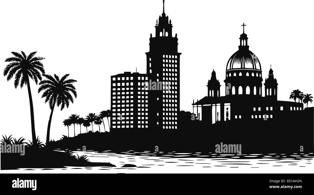 Silhouette urbaine en noir et blanc haute résolution avec détails architecturaux et éclairage spectaculaire Illustration de Vecteur