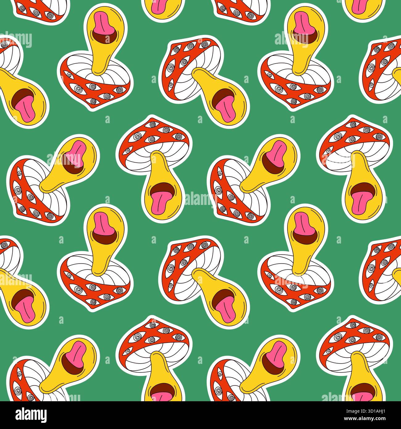 Modèle sans couture de champignon psychédélique coloré avec des yeux et une langue saillante sur un fond vert dans un style de dessin animé groovy. Illustration de Vecteur