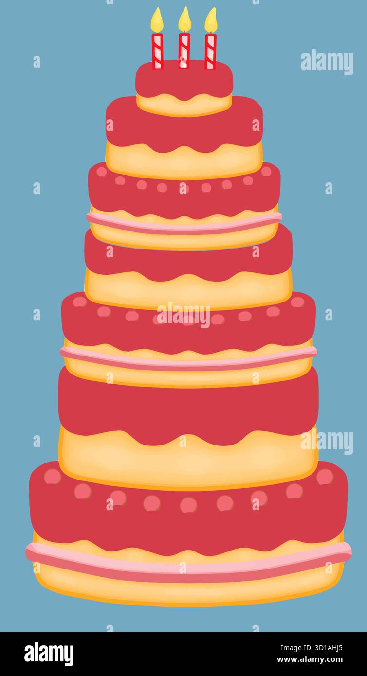 Un grand gâteau d'anniversaire en rouge et jaune avec des bougies est vu dans une image vectorielle. Illustration de Vecteur