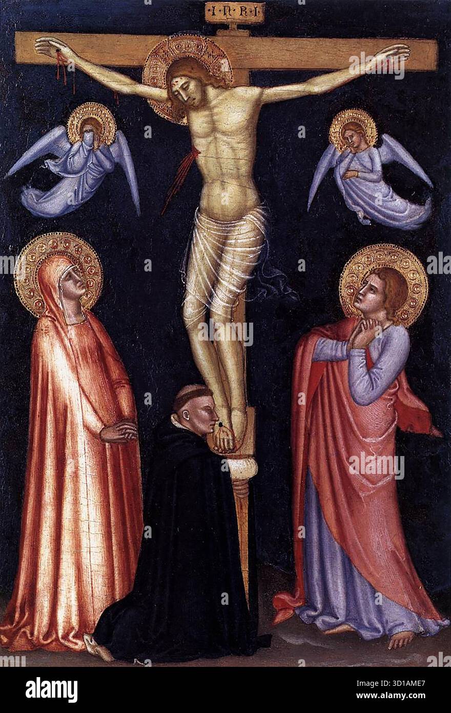ANDREA DA FIRENZE (actif 1343-1377, Firenze) Crucifixion 1370-77 Tempera sur bois, 33 x 22 cm Pinacothèque, Vatican au centre du petit panneau, le Christ est suspendu à la croix, marquée 'I.N.R.I.' sa tête est suspendue à son épaule droite et montre les marques de la couronne d'épines, avec le sang suintant de ses blessures. La figure du Christ sur la croix est très similaire à celle de la fresque de la Crucifixion dans la chapelle espagnole de S. Maria Novella à Florence, datée de 1566 ?68 et également exécutée par Andrea da Firenze. Marie se tient à gauche de la croix, ses mains jointes dans un geste de deuil Banque D'Images