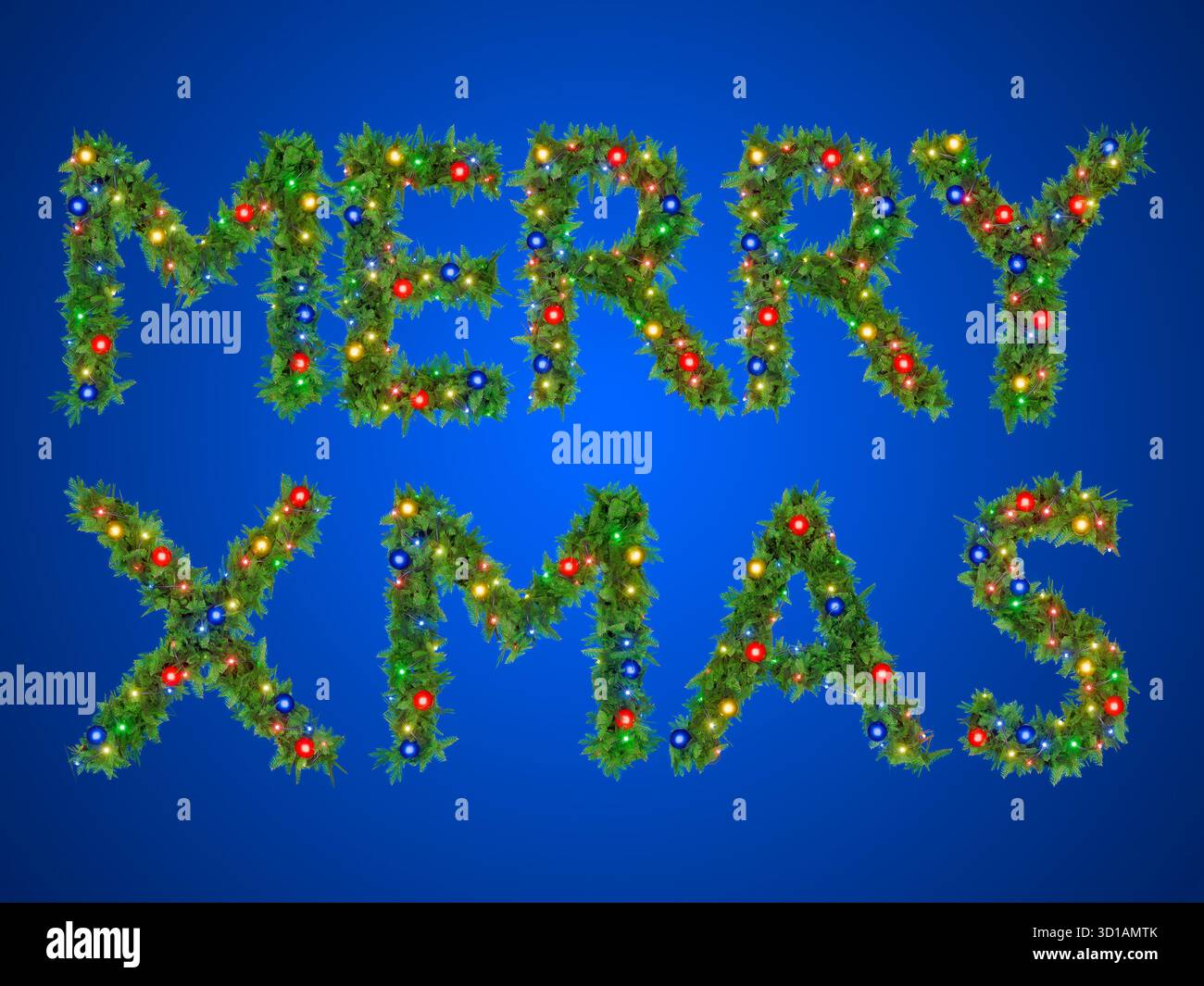 L'expression Merry XMAS est faite de couronnes d'arbre de Noël et de jouets nocturnes. Banque D'Images