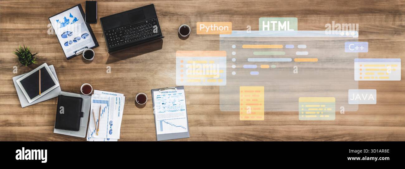 Le développement de logiciels combine des outils de codage, la création d'applications mobiles et des langages de programmation pour offrir des solutions de produits numériques innovantes. Garantie Banque D'Images