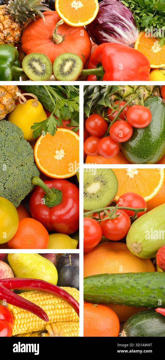 Un collage vertical vibrant de cinq sections en gros plan présente une gamme riche et colorée de fruits et légumes frais, y compris des agrumes et des poivrons Banque D'Images