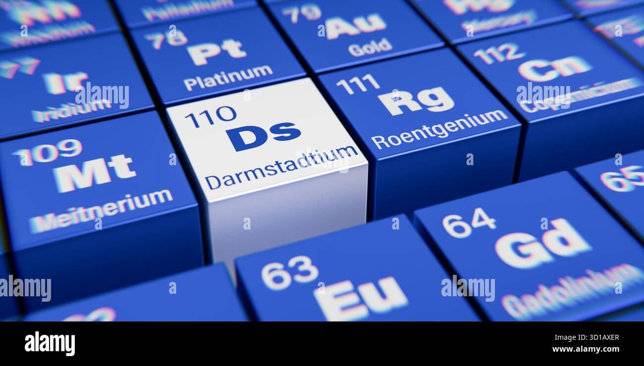 Vue détaillée de l'élément chimique DS Darmstadtium de numéro atomique 110 dans la table périodique des éléments. Effet de dispersion dynamique au niveau du Banque D'Images