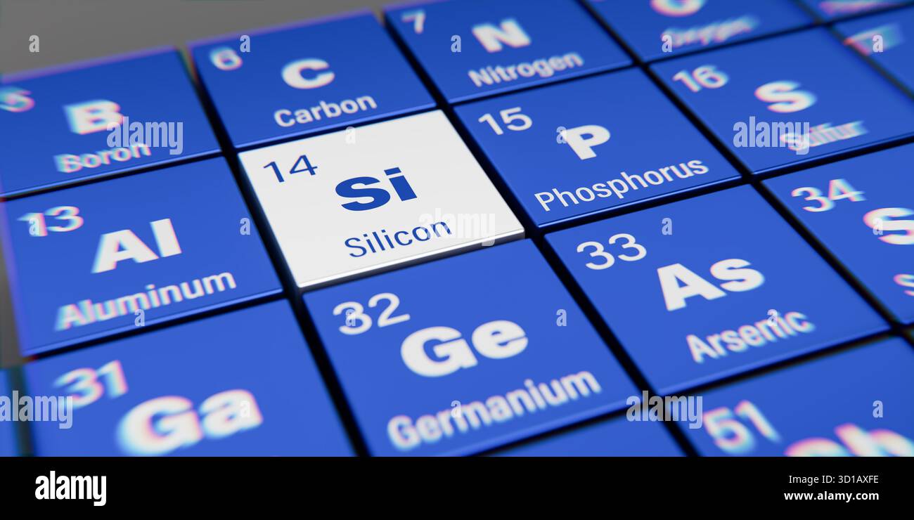 Vue détaillée de l'élément chimique silicium de numéro atomique 14 dans la table périodique des éléments. Effet de dispersion dynamique au niveau de la corne Banque D'Images
