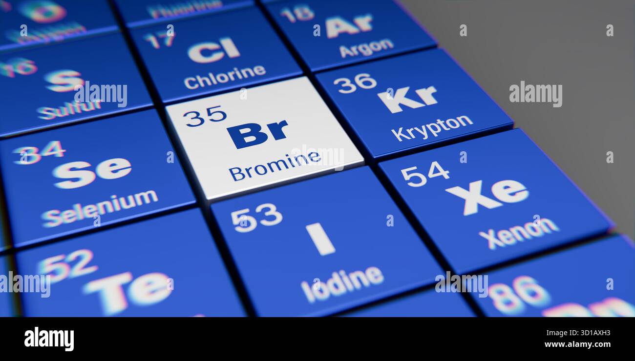 Vue détaillée de l'élément chimique Br brome le numéro atomique 35 dans la table périodique des éléments. Effet de dispersion dynamique aux coins an Banque D'Images