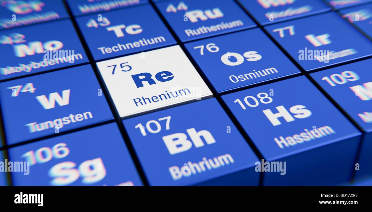 Vue détaillée de l'élément chimique Re rhénium de numéro atomique 75 dans la table périodique des éléments. Effet de dispersion dynamique au niveau de la corne Banque D'Images
