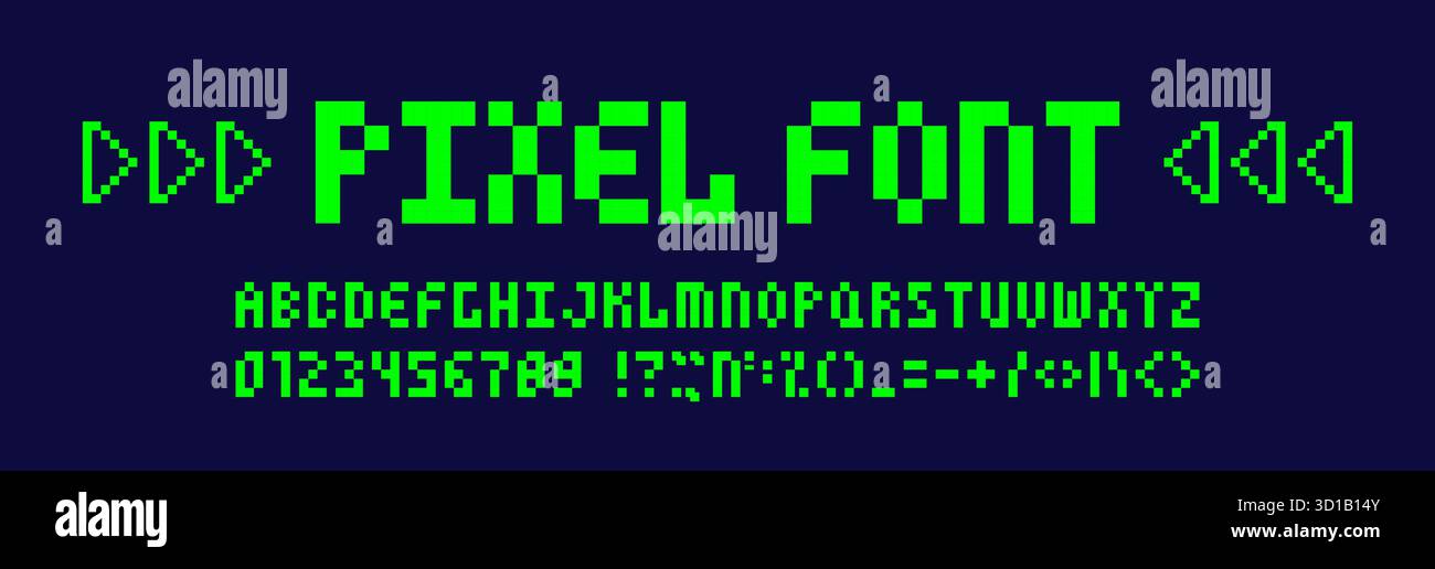 Pixel jeu alphabet gras. Lettres vertes, symboles et chiffres. Illustration de Vecteur