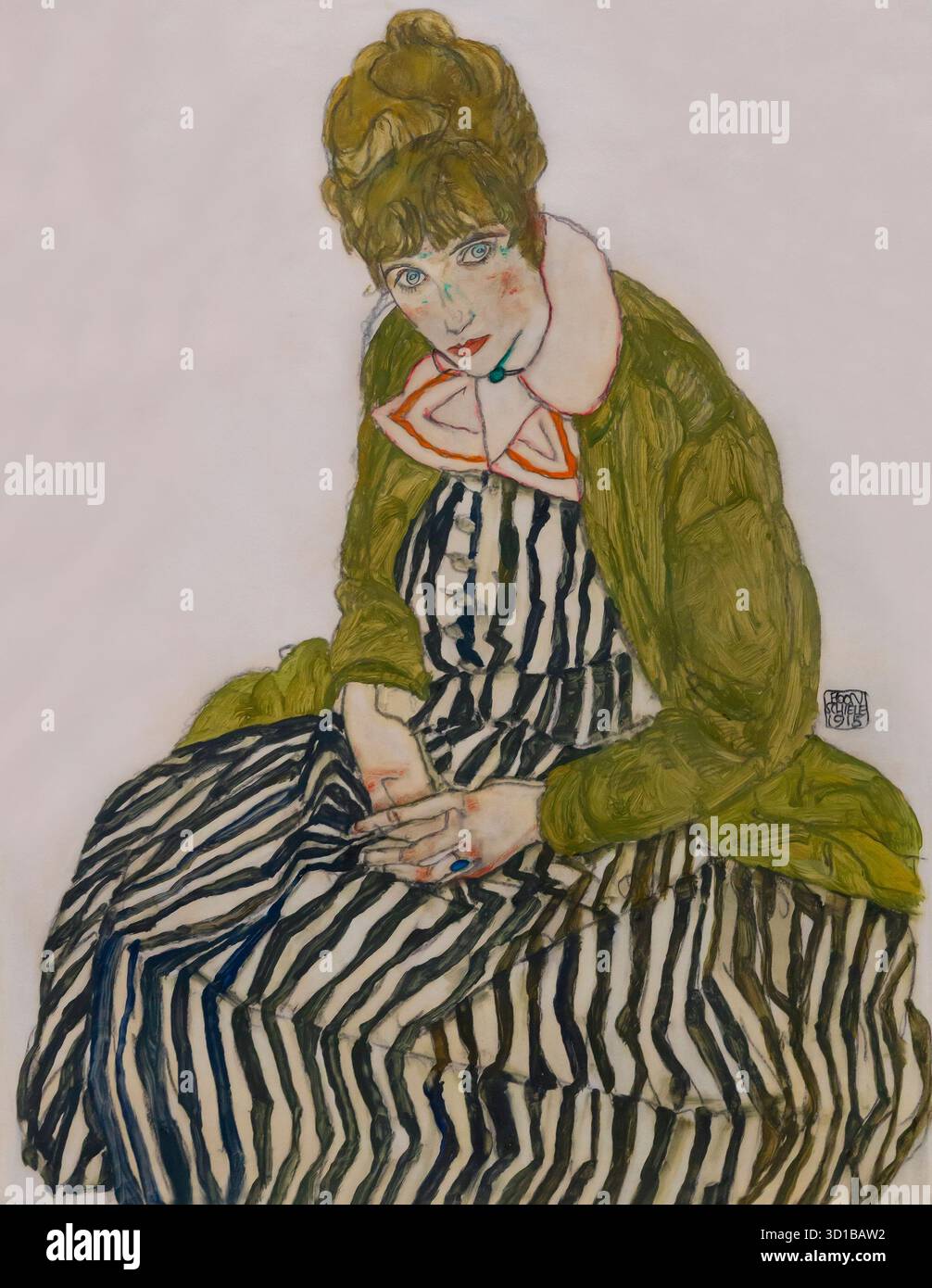 Edith Schiele dans une robe rayée, assise, Egon Schiele, 1915, Musée Léopold, Vienne, Autriche Banque D'Images