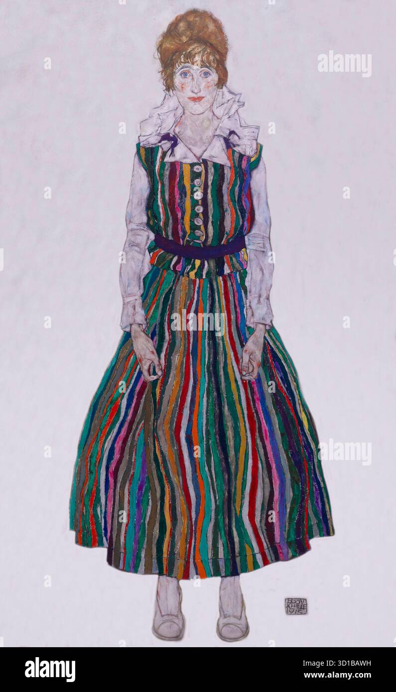 Portrait de l'épouse de l'artiste, debout, Edith Schiele dans une robe rayée, Egon Schiele, 1915, Kunstmuseum, la Haye, pays-Bas, Banque D'Images