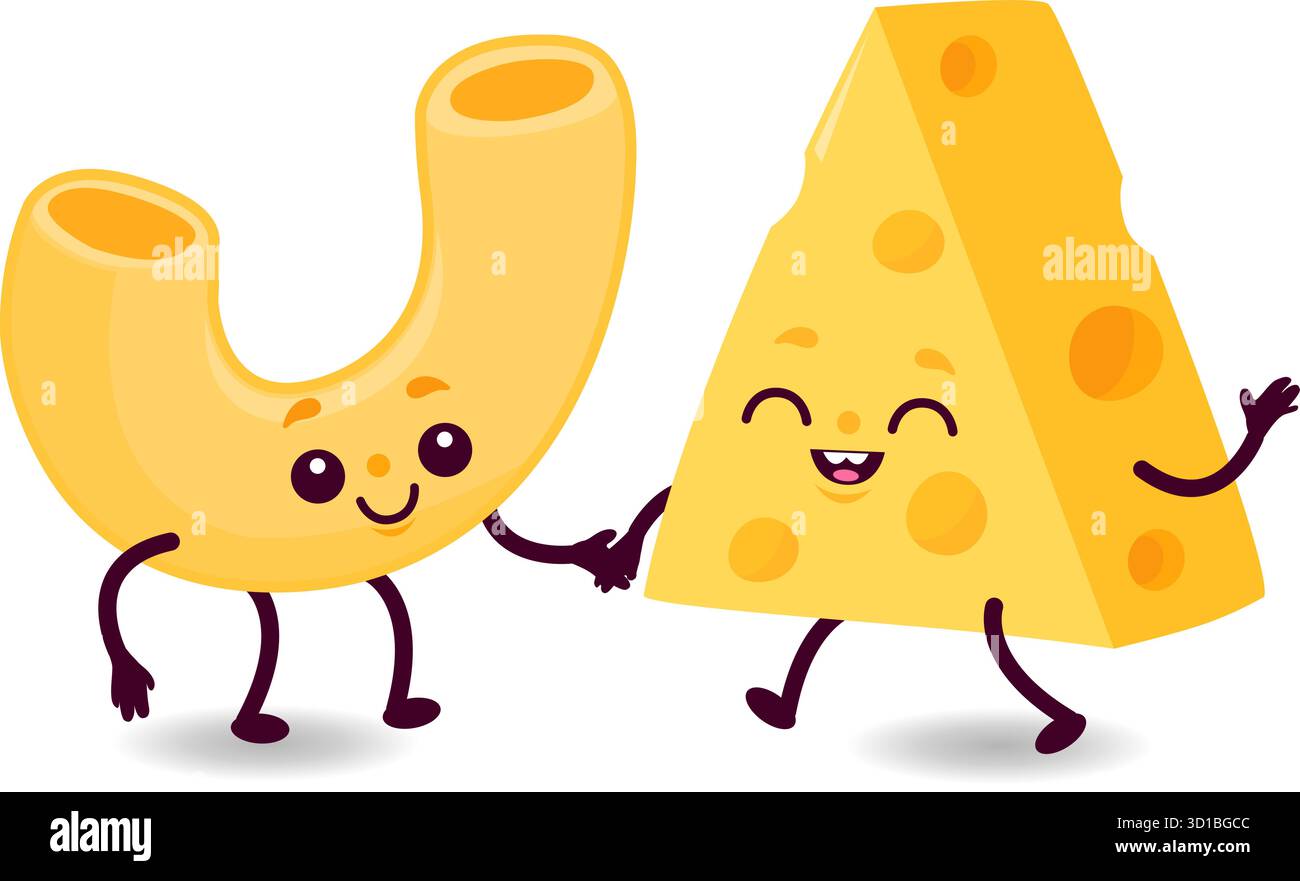 Macaronis mignons et personnages de fromage. Dessin animé de nouilles pour le repas des enfants. Pâtes drôles et tranche de dessin animé au fromage. Savoureuse cuisine italienne pour les enfants. Illustration de Vecteur