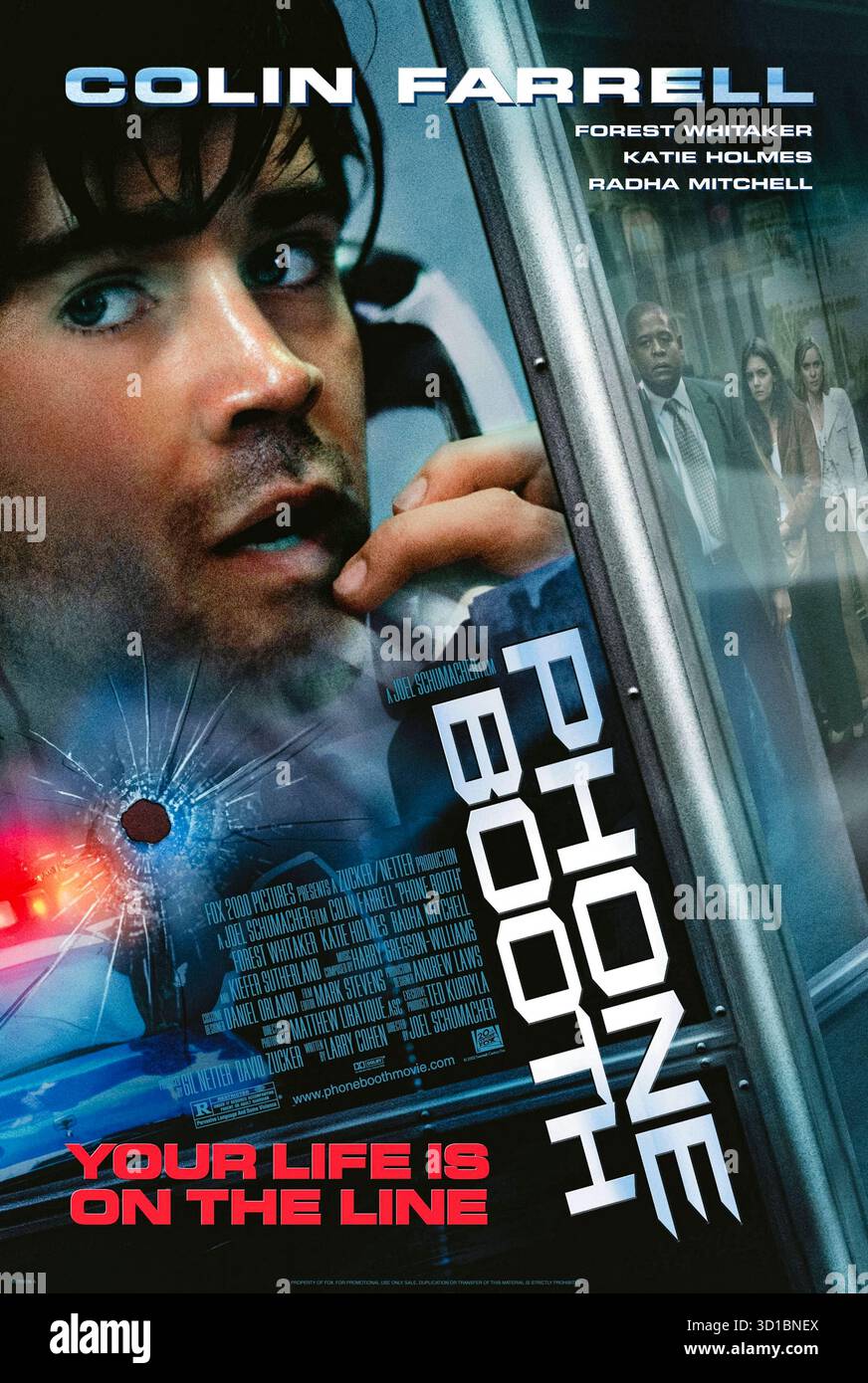 Phone Booth (2002) réalisé par Joel Schumacher et mettant en vedette Colin Farrell, Forest Whitaker et Katie Holmes. Un agent de publicité est pris au piège dans une cabine téléphonique par un tireur d'élite invisible qui menace de le tuer à moins qu'il ne confesse ses péchés. Photographie d'une affiche américaine originale de 2002 À USAGE ÉDITORIAL EXCLUSIF. Crédit : BFA / 20th Century Fox Banque D'Images