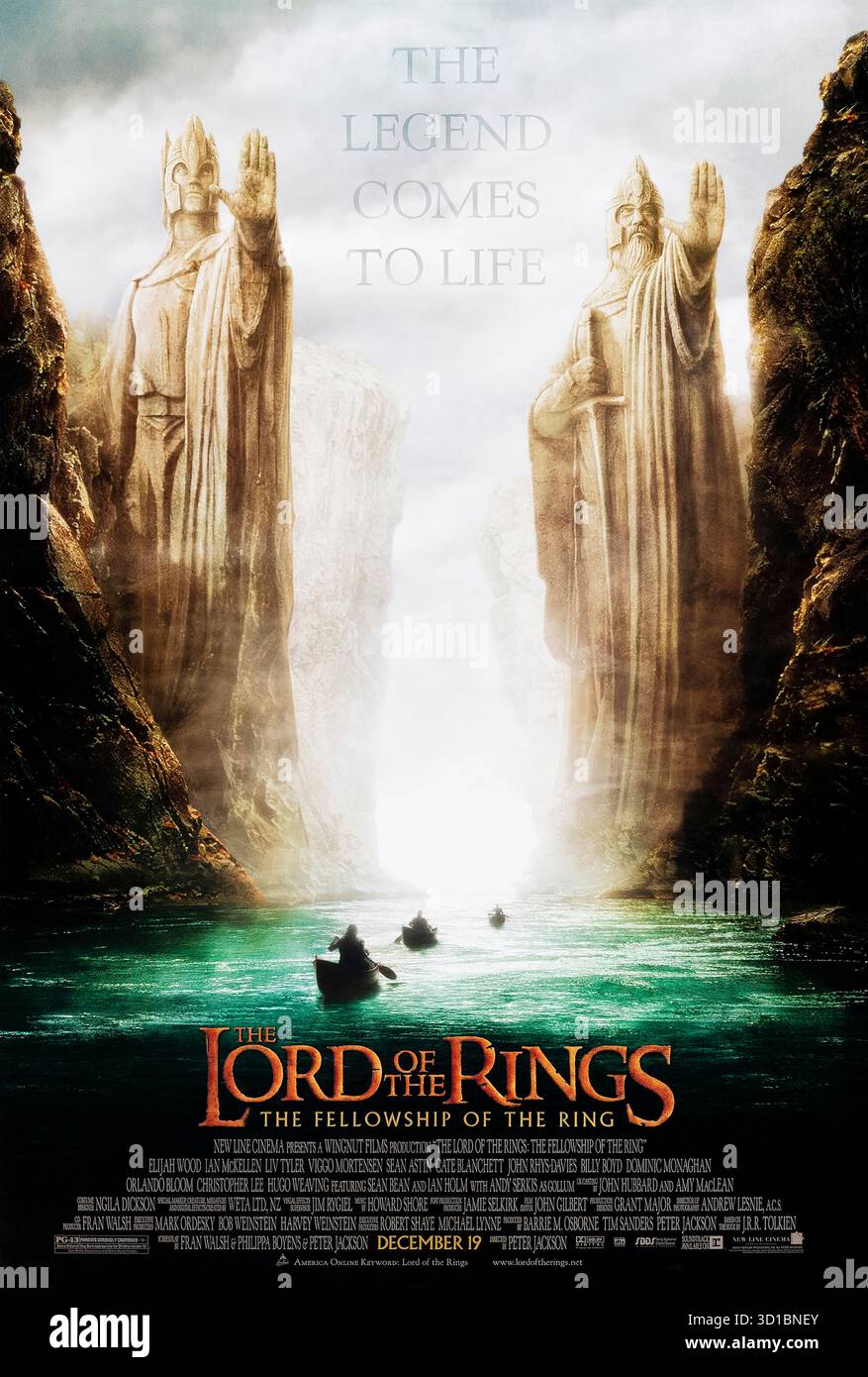 The Lord of the Rings : The Fellowship of the Ring (2001) réalisé par Peter Jackson et mettant en vedette Elijah Wood, Ian McKellen et Viggo Mortensen. Un groupe diversifié de héros entreprend un voyage périlleux pour détruire un anneau puissant, faisant face à des maux anciens alors qu'ils voyagent à travers la Terre du milieu vers le Mordor. Photographie d'une affiche américaine originale de 2001 À USAGE ÉDITORIAL EXCLUSIF. Crédit : BFA / New Line Cinema Banque D'Images