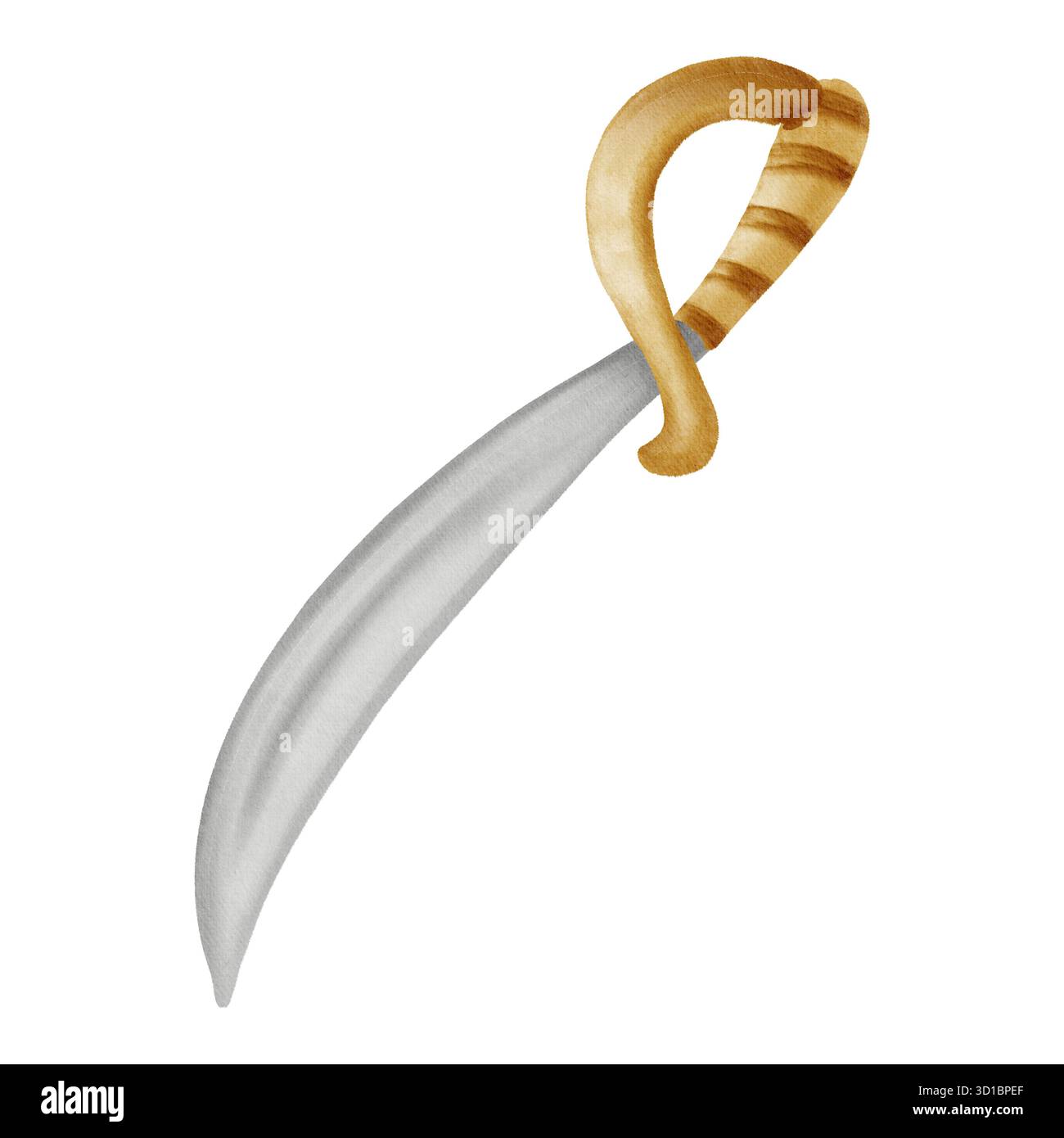 Une épée de pirate avec une lame argentée courbée et un manche en bois. Dessiné à la main dans un style aquarelle doux rappelant les livres pour enfants. Parfait pour l'Avent Banque D'Images