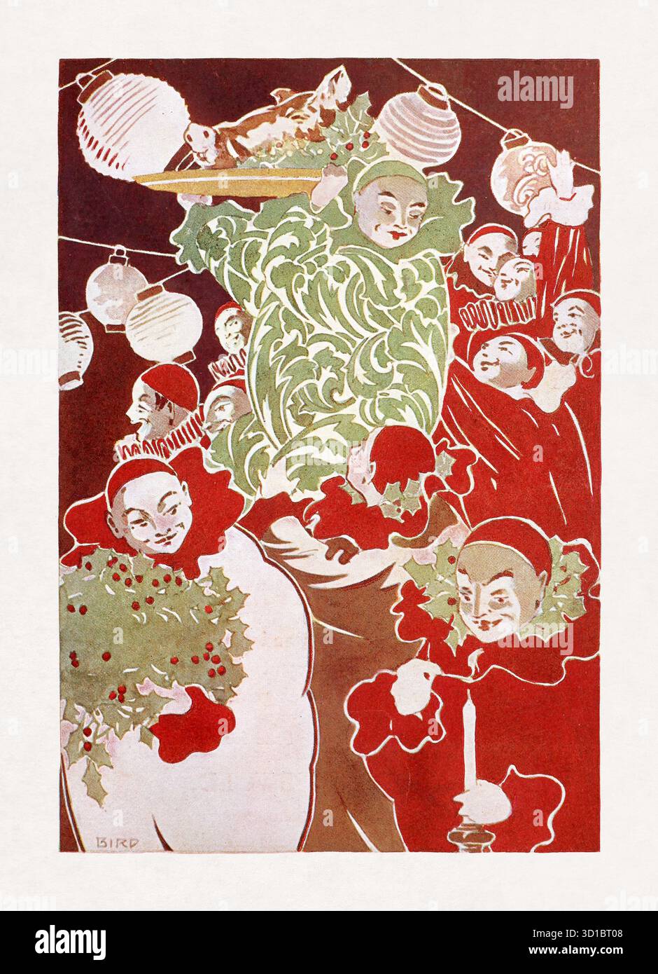 Illustration Art Nouveau par Elisha Brown Bird représentant un groupe de pierrots lors d'une fête de Noël. Banque D'Images