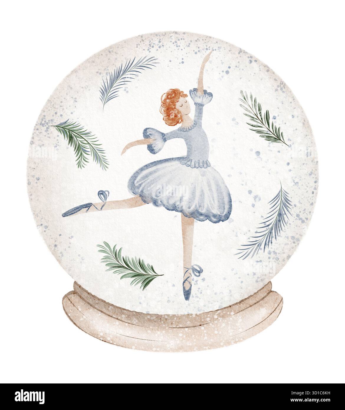Boule de cristal avec une ballerine à l'intérieur. Illustration aquarelle, décoration de Noël globe de neige, illustration de vacances d'hiver. Cadeau, carte de voeux, mers Banque D'Images