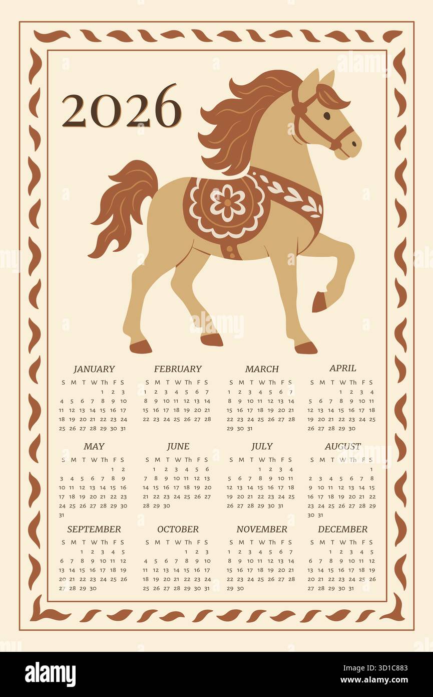 Nouvel an chinois. Calendrier pour 2026. Grille de calendrier prête avec design. Symbole du cheval du nouvel an. Cheval de feu. Modèle de calendrier. Conception prête pour l'impression. Illustration vectorielle Illustration de Vecteur