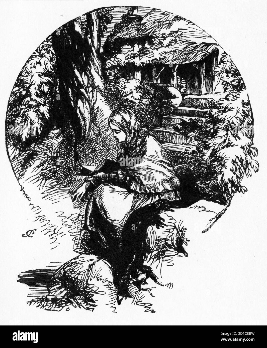 Gravure d'une jeune femme lisant un livre dans le jardin Banque D'Images