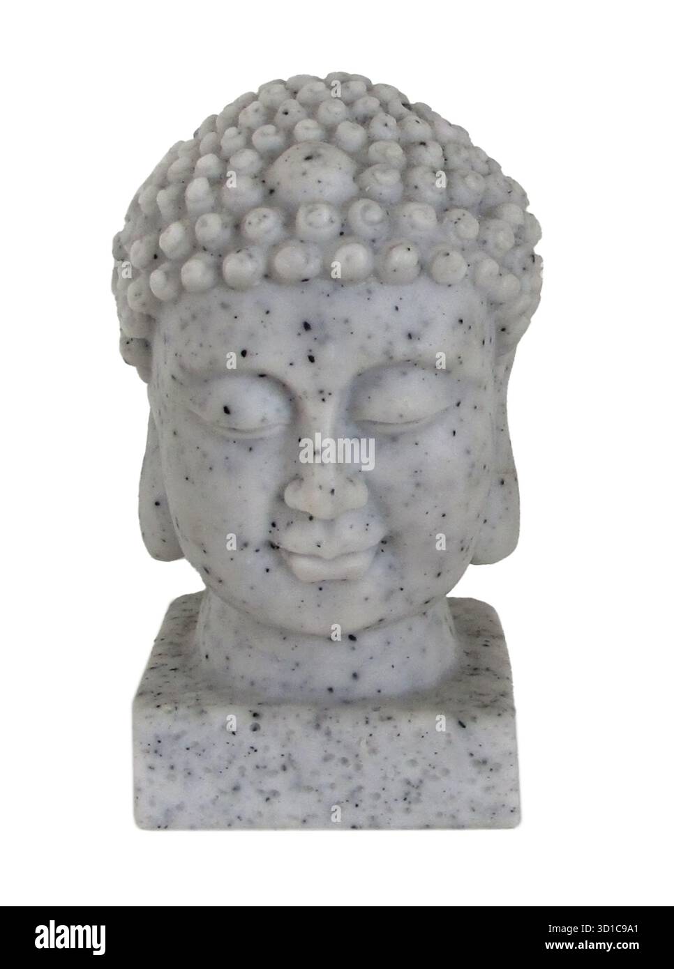 Sculpture de tête de Bouddha en marbre gris isolée sur fond blanc avec chemin de détourage. Sculpture en pierre pour la religion bouddhiste. Un morceau d'intérieur. Banque D'Images