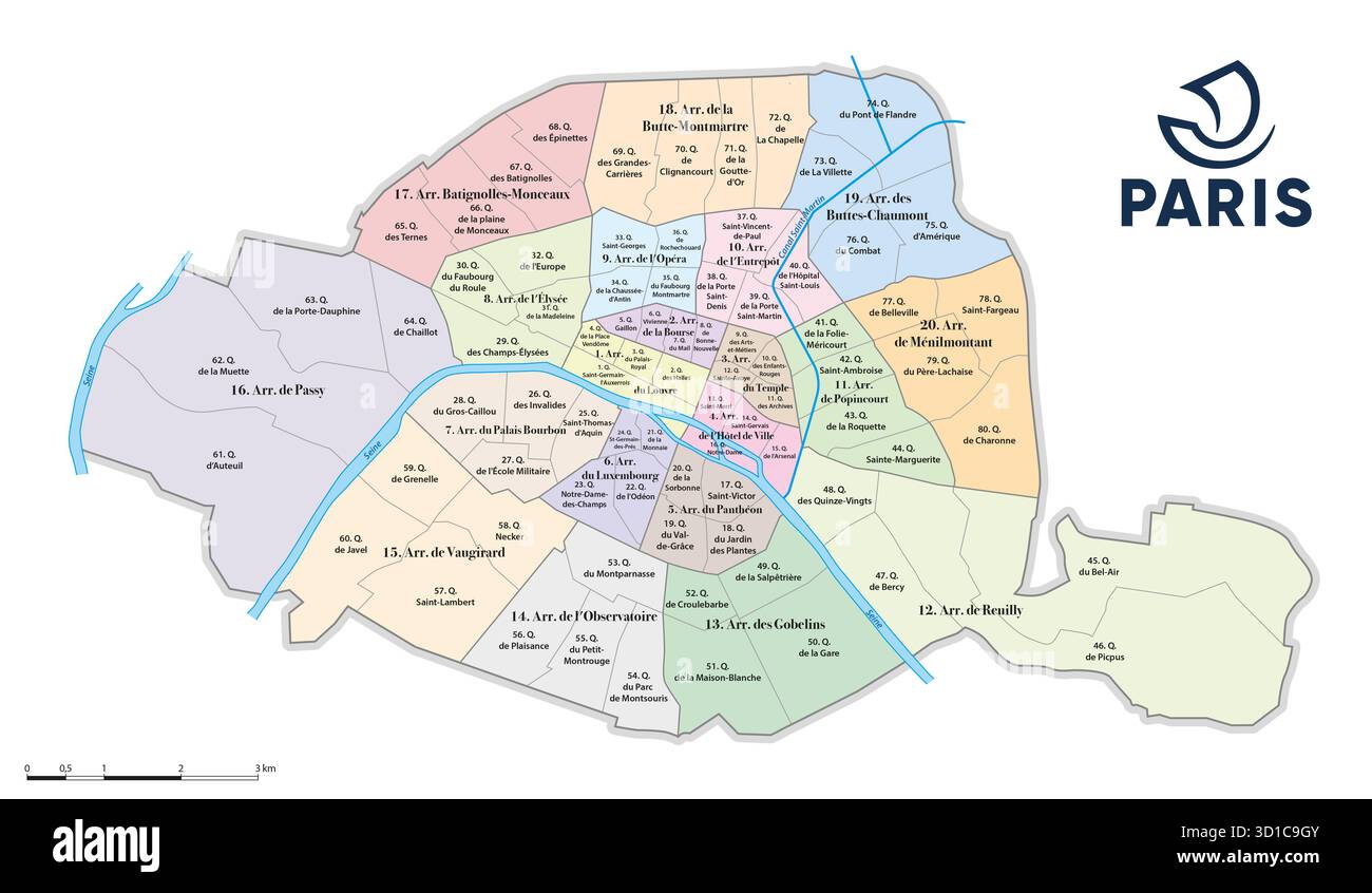Carte vectorielle administrative de la capitale française Paris Banque D'Images