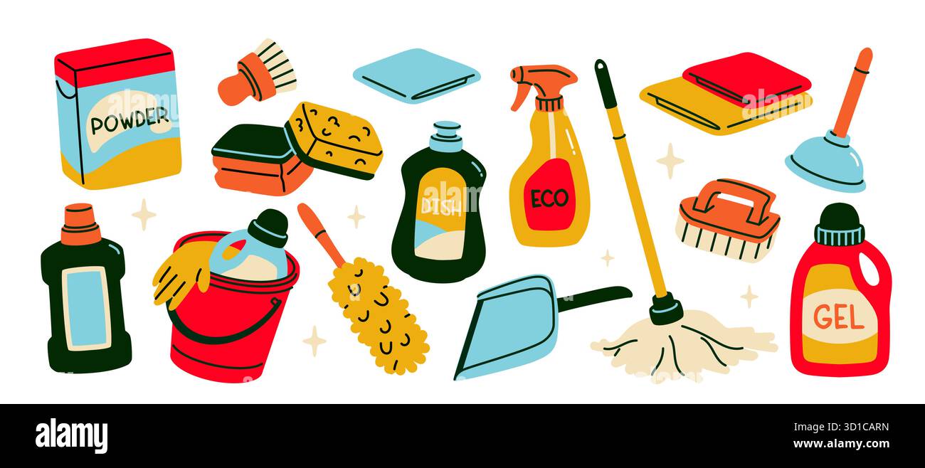 Kit de fournitures de nettoyage. Icônes ou autocollants avec détergents, lessive, vadrouille, chiffons, piston pour le nettoyage et le rangement. Outils ménagers. Vecteur plat Illustration de Vecteur