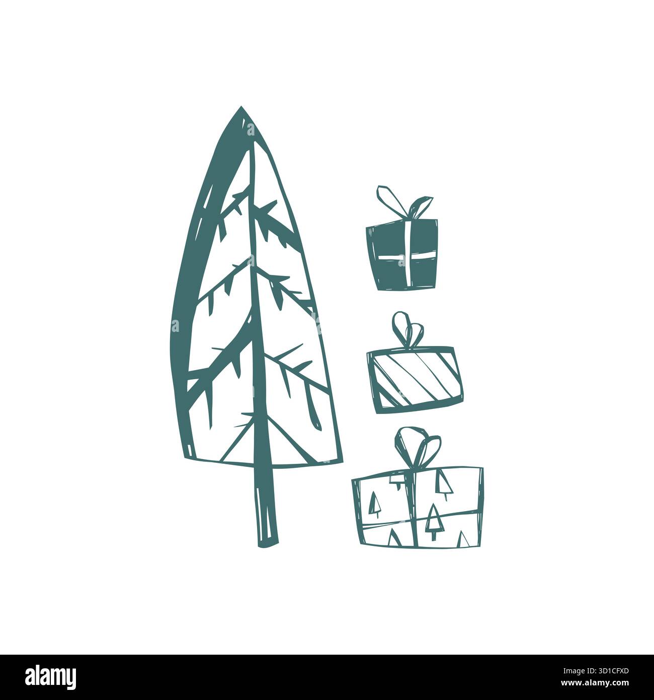Arbre de noël scandinave avec des cadeaux dessinés à la main dans un style d'art populaire composition festive nordique simple pour des projets de design modernes Illustration de Vecteur