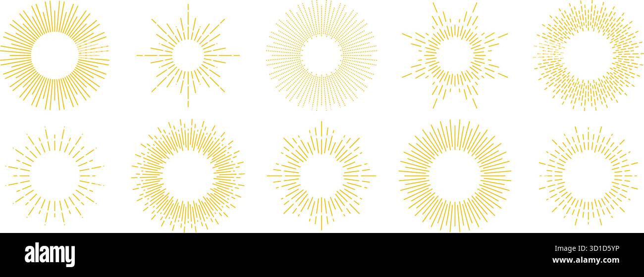 Collection de cadres Golden Sunburst. Ensemble de bordures radiales de soleil dorées rétro. Faisceau de soleil vintage ou paquet d'éléments de cercle de rayons pour cadre, décor, étiquette, badge, emblème. Faisceau rond jaune vecteur Illustration de Vecteur