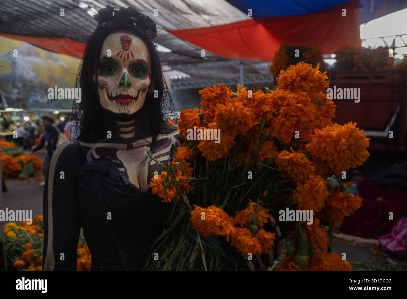 Vente de fleurs de cempasuchil et carton pour le jour des morts Une femme avec son visage peint comme un crâne tient des fleurs de cempasuchil au marché jamaïcain pour les célébrations du jour des morts. Le 26 octobre 2025 à Mexico, Mexique. Mexico CDMX Mexique Copyright : xMarcoxGonzalezx Banque D'Images