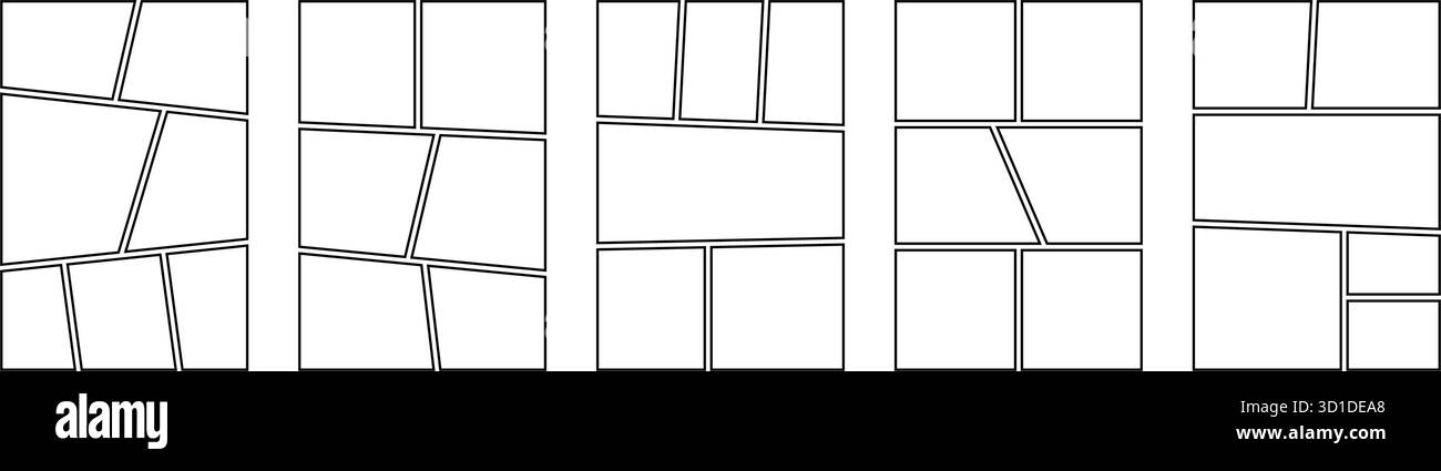 Ensemble de panneaux de bande dessinée. Modèle vierge de collage manga. Panneau de disposition du storyboard. Cadre de ligne de page vide pour le collage de photos. Maquette de tableau de bande dessinée. Vecteur Illustration de Vecteur