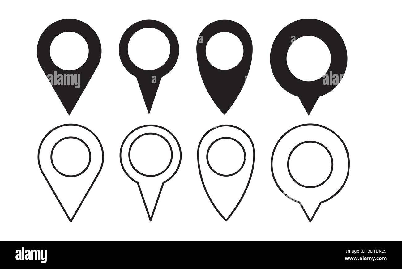 Icône d'épingle de localisation définie. Variantes de marqueur cartographique noir et bleu pour la navigation, le GPS et la conception de l'interface utilisateur. Illustration de Vecteur