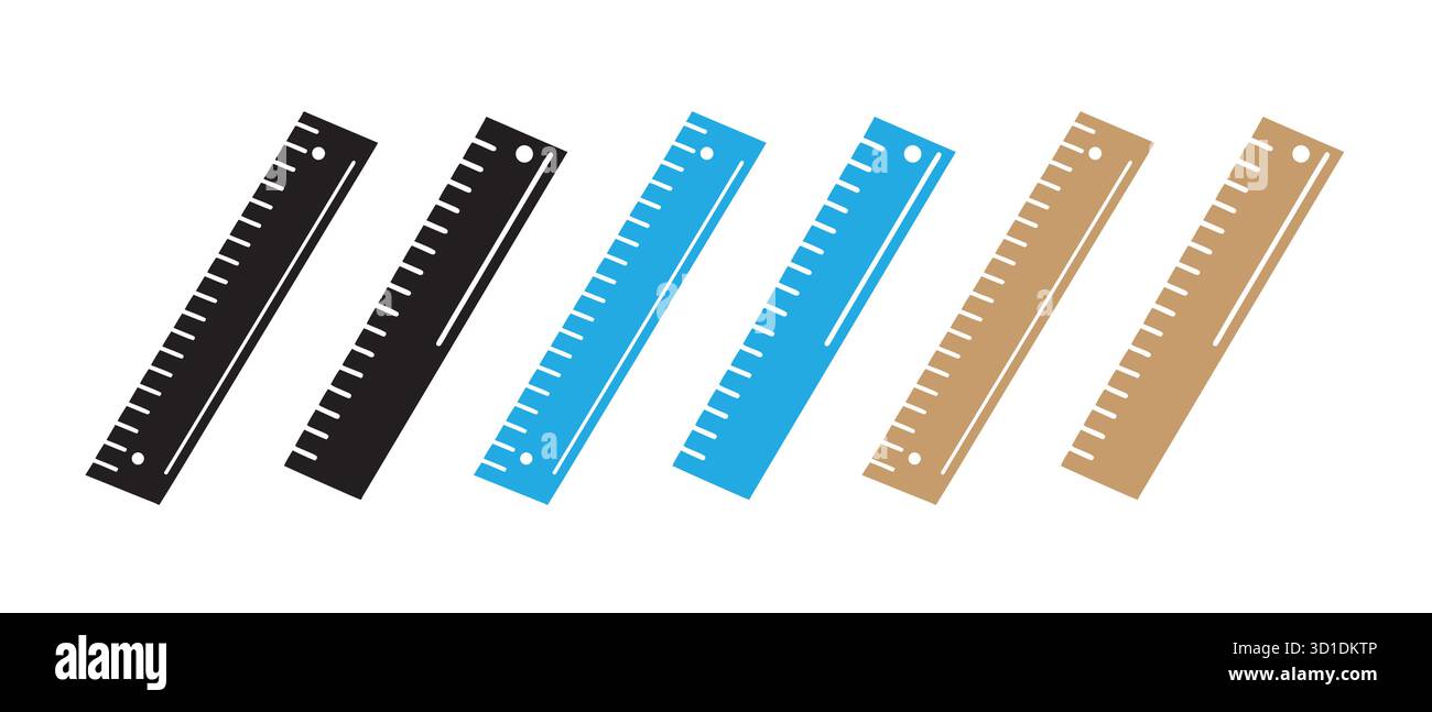 Icônes de règle colorées. Outils de mesure stylisés avec trous de reliure pour l'école et le bureau. Illustration de Vecteur