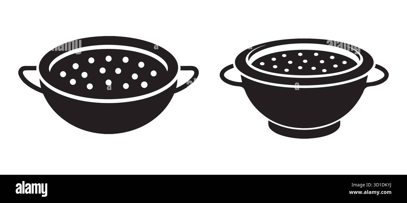 Jeu d'icônes de passoire. Silhouettes noires et blanches de crépines de cuisine avec poignées et trous de drainage. Illustration de Vecteur