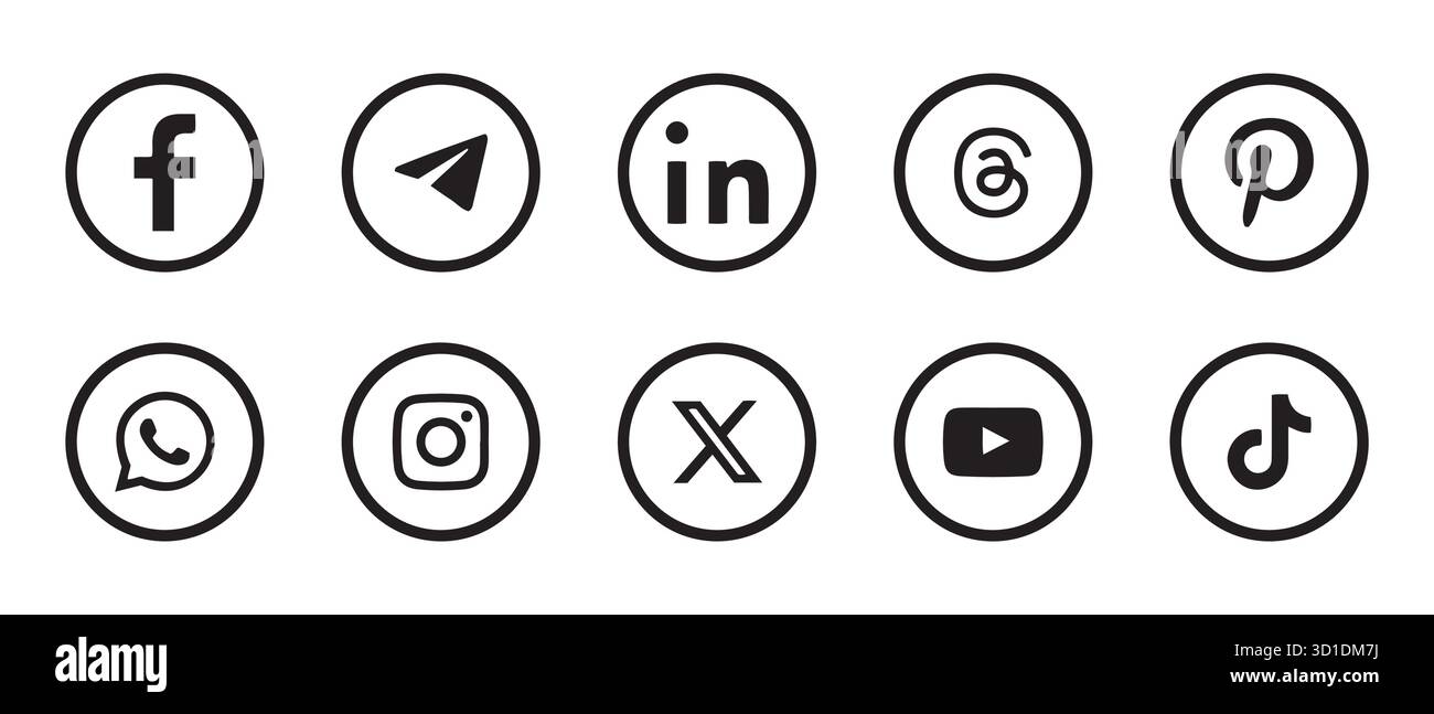 Jeu d'icônes de médias sociaux. Logos circulaires noirs des plates-formes supérieures. Illustration de Vecteur