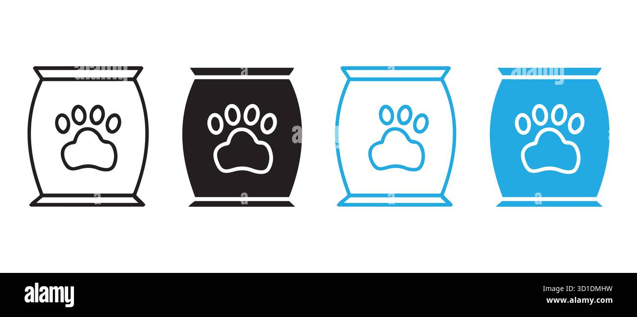 Icônes de sac de nourriture pour animaux avec impression de patte. Ensemble vectoriel pour Pet Branding. Illustration de Vecteur
