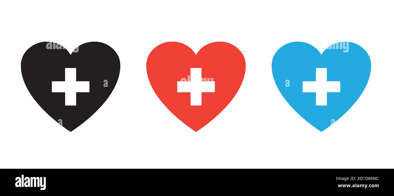 Jeu d'icônes cardiaques médicales. Symboles santé et premiers soins en noir, rouge et bleu. Illustration de Vecteur