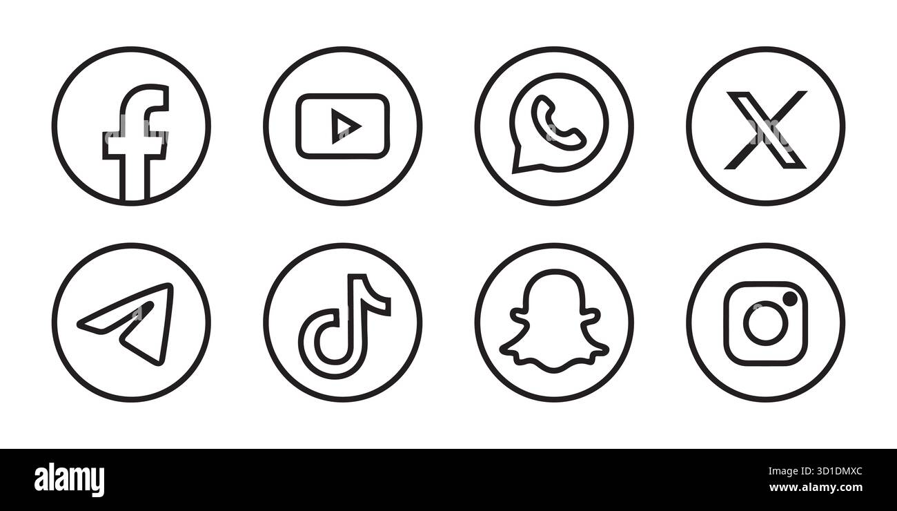 Jeu d'icônes de médias sociaux. Contours style logos de Facebook, YouTube, WhatsApp, X, Telegram, TikTok, Snapchat et Instagram dans Circular Design. Illustration de Vecteur