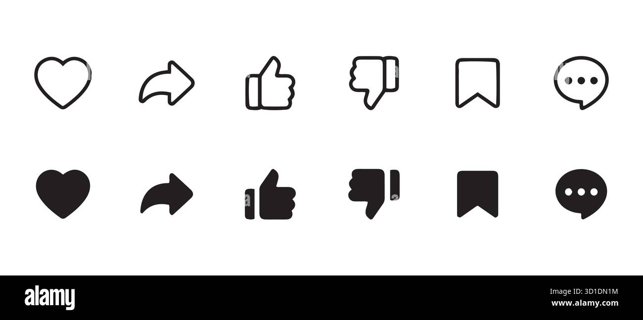 Jeu d'icônes de l'interface utilisateur des médias sociaux. Styles contour et plein pour les boutons J'aime, Partager, pouces haut/bas, signet et commentaire. Illustration de Vecteur