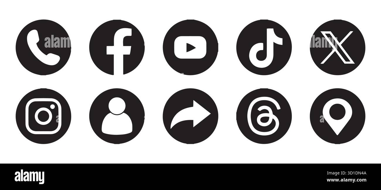 Cercle noir icônes de médias sociaux définies. Facebook, TikTok, YouTube, threads et plus encore. Illustration de Vecteur
