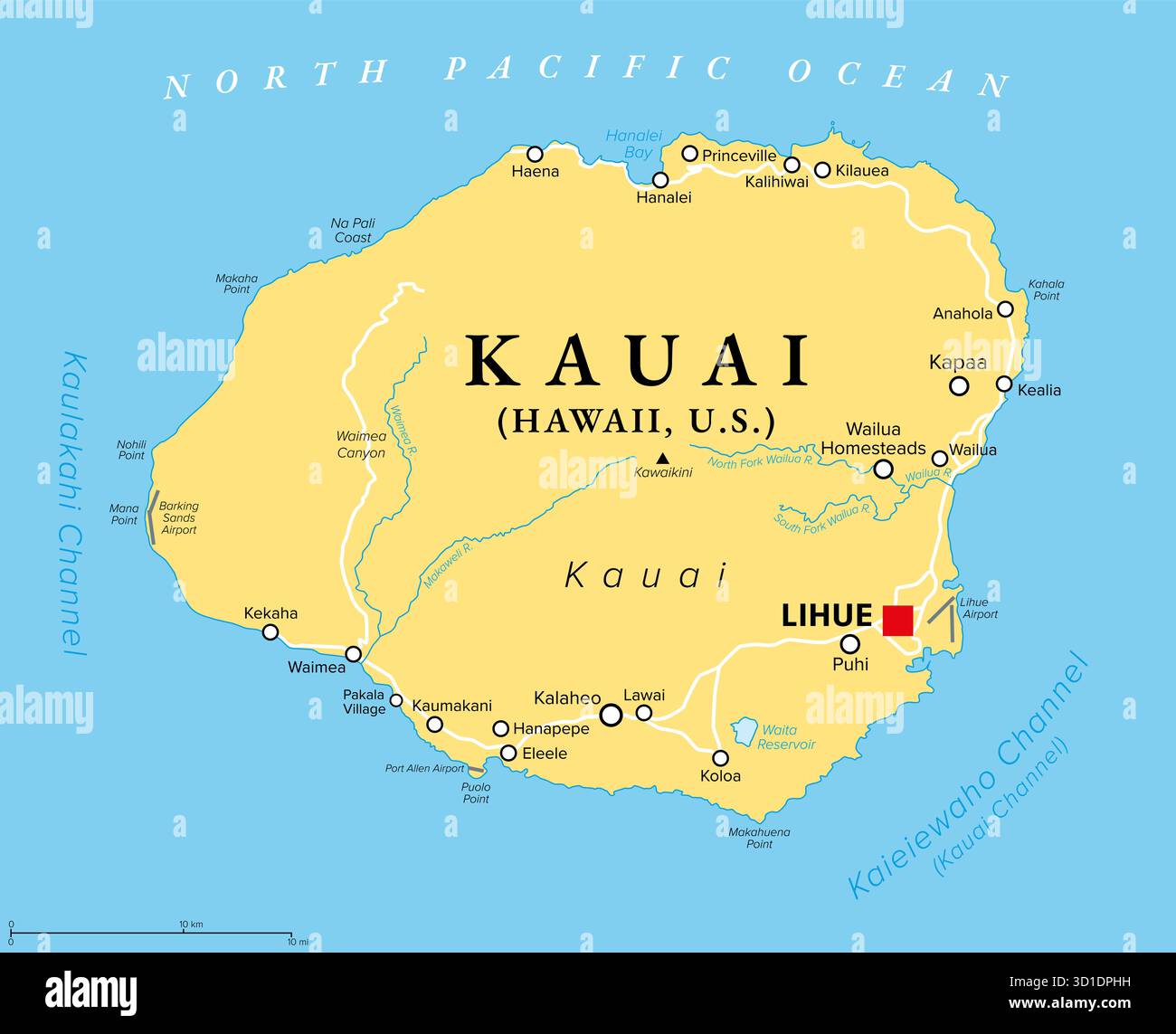Kauai, l'une des principales îles hawaïennes, États-Unis, carte politique, avec la capitale Lihue. Quatrième plus grande île de l'État d'Hawaï. Banque D'Images