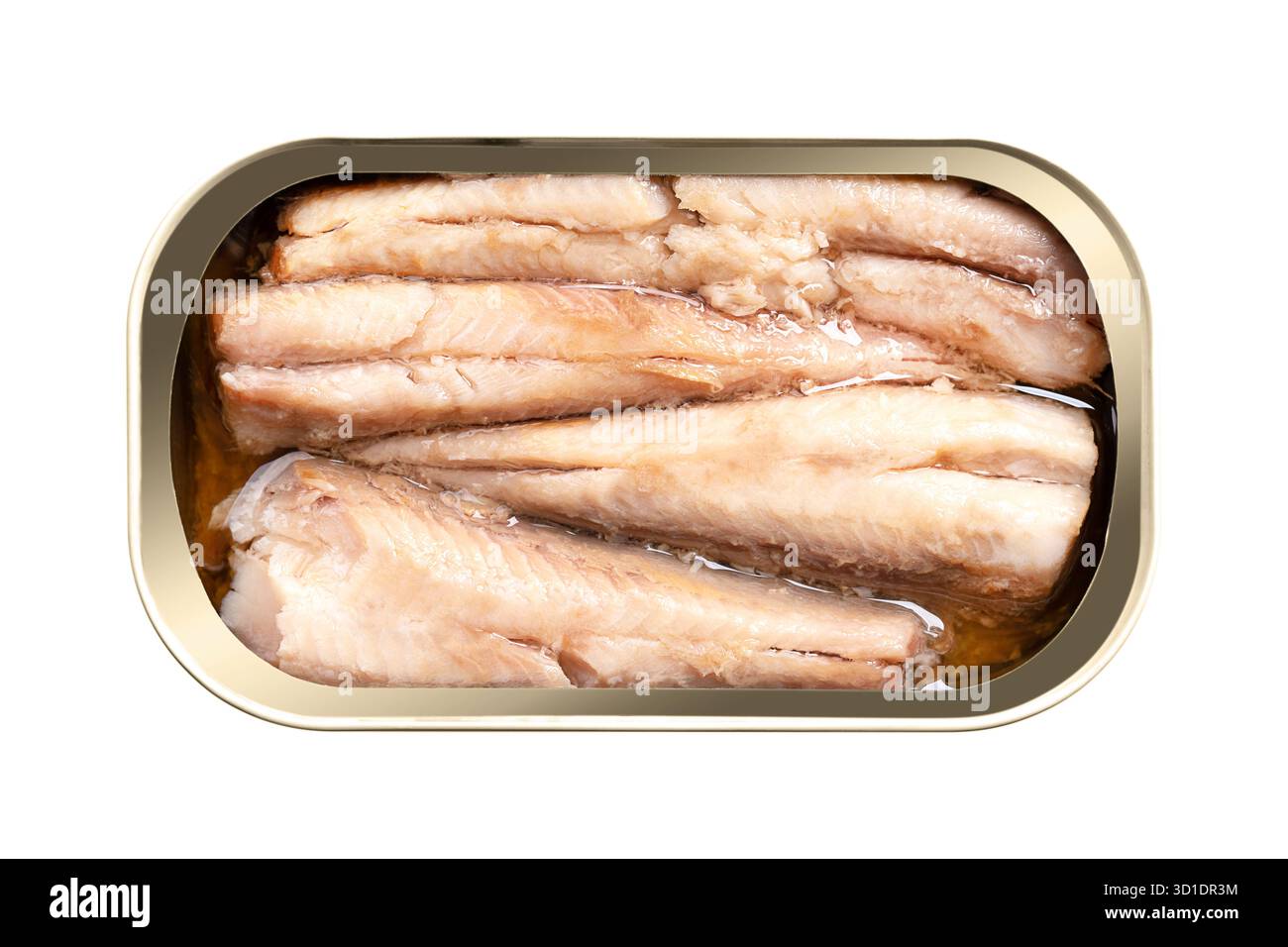 Sardines en conserve, filets à l'huile végétale, sans peau et désossés, en boîte de conserve, isolés, par le haut. Sardines capturées dans la nature, également appelées pilchards. Banque D'Images