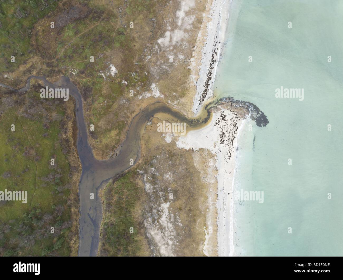 Vue aérienne d'un ruisseau sinueux rencontrant la mer turquoise pâle, où le littoral accidenté contraste avec l'eau douce, Reine, Nordland, Norvège. Banque D'Images